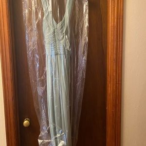 David’s Bridal MESH LONG BRIDESMAID DRESS WITH CRISSCROSS BACK in Dusty Sage.